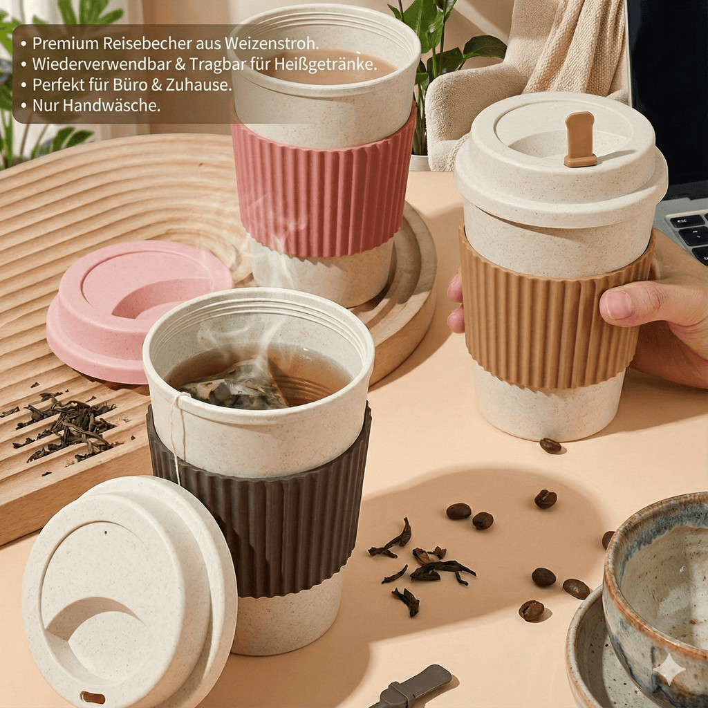 Weizenstroh Kaffeebecher | Silikondeckel | Wiederverwendbar