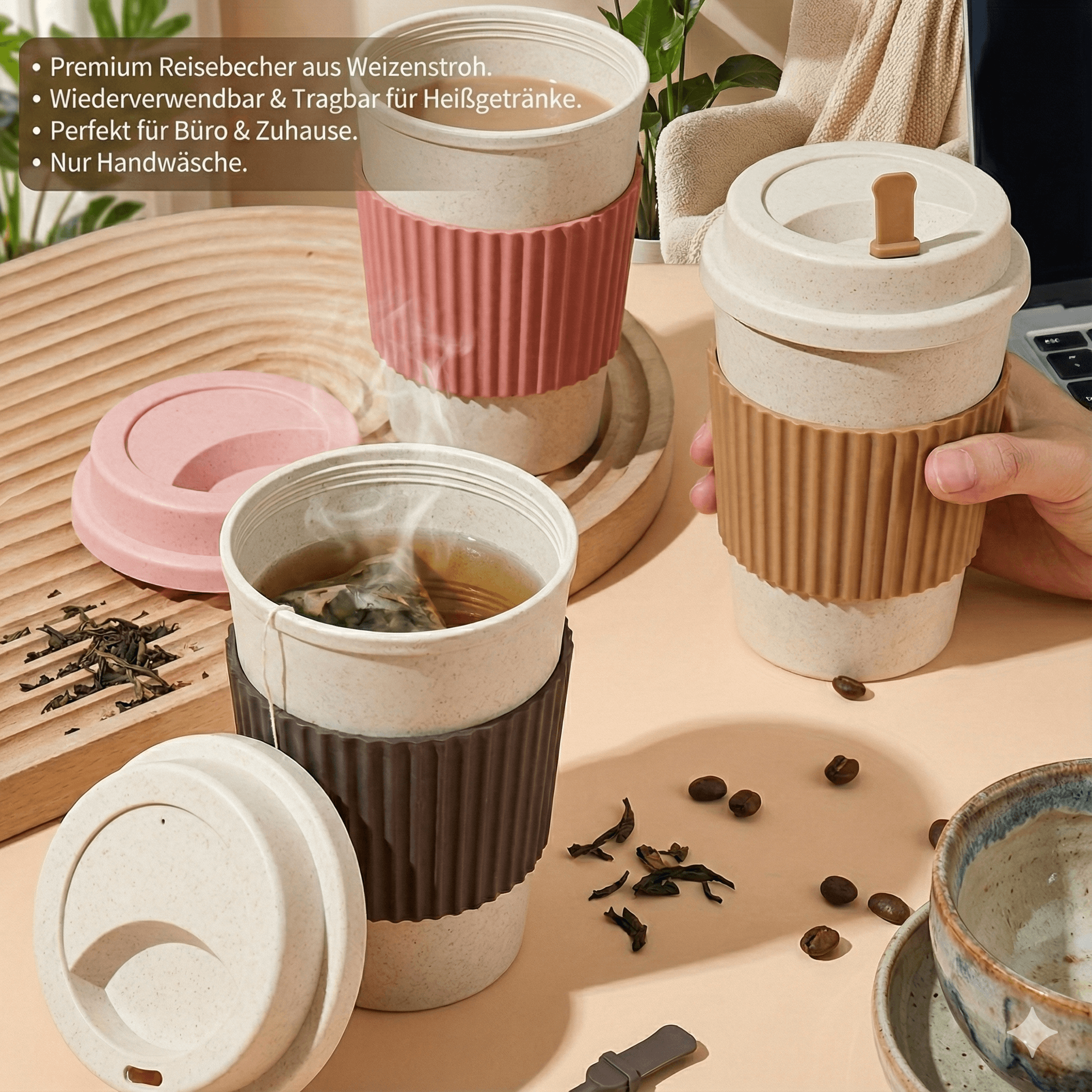 Weizenstroh Kaffeebecher | Silikondeckel | Wiederverwendbar