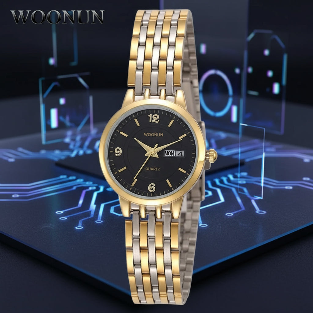 Luxuriöse Damenarmbanduhr aus Edelstahl – Quarzwerk mit Datumsanzeige, Goldfarbenes Design im Geneva-Stil