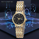 Luxuriöse Damenarmbanduhr aus Edelstahl – Quarzwerk mit Datumsanzeige, Goldfarbenes Design im Geneva-Stil