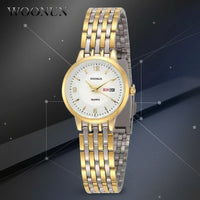 Luxuriöse Damenarmbanduhr aus Edelstahl – Quarzwerk mit Datumsanzeige, Goldfarbenes Design im Geneva-Stil