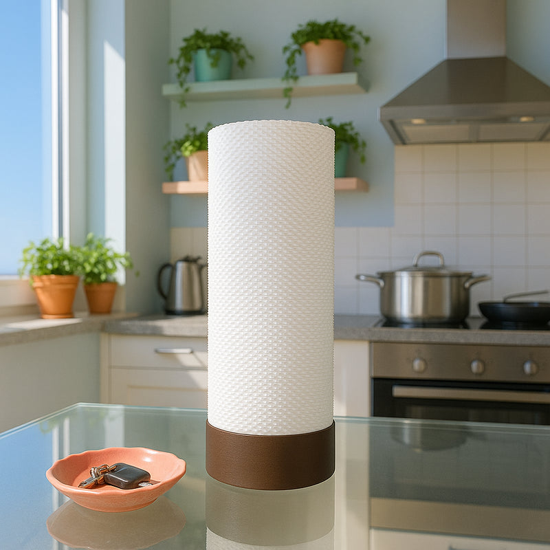 Woven Glow – Zylinderförmige Tischlampe mit 3D-gedrucktem Korbmuster & warmem Licht