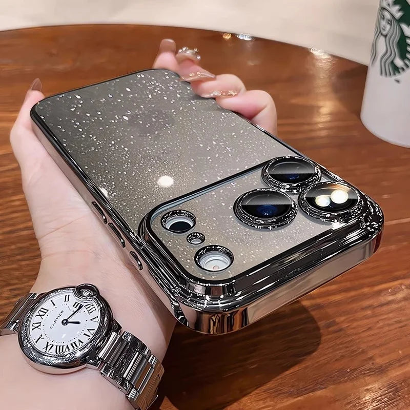 Glitzernde transparente Handyhülle mit Plattierung – Slim Cover mit Kameraschutz für iPhone 14–17 Pro Max & Air